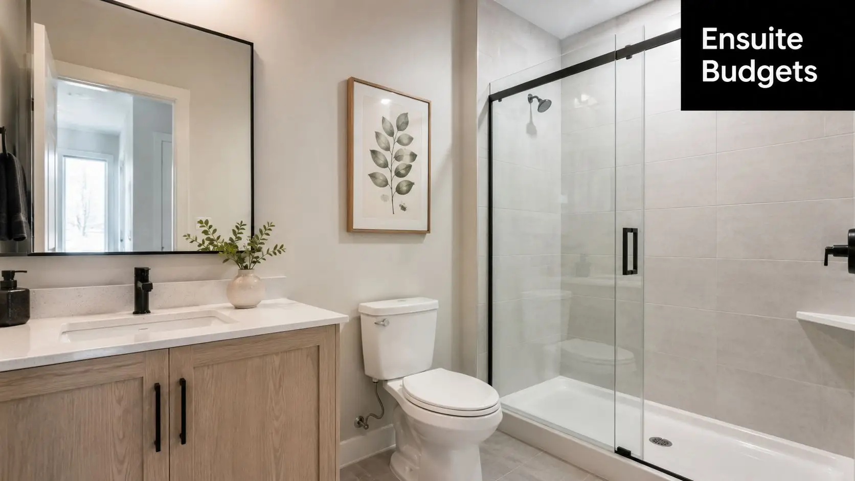 A modern bathroom ensuite with a light wood vanity, white countertop, walk-in glass shower, and framed botanical art.