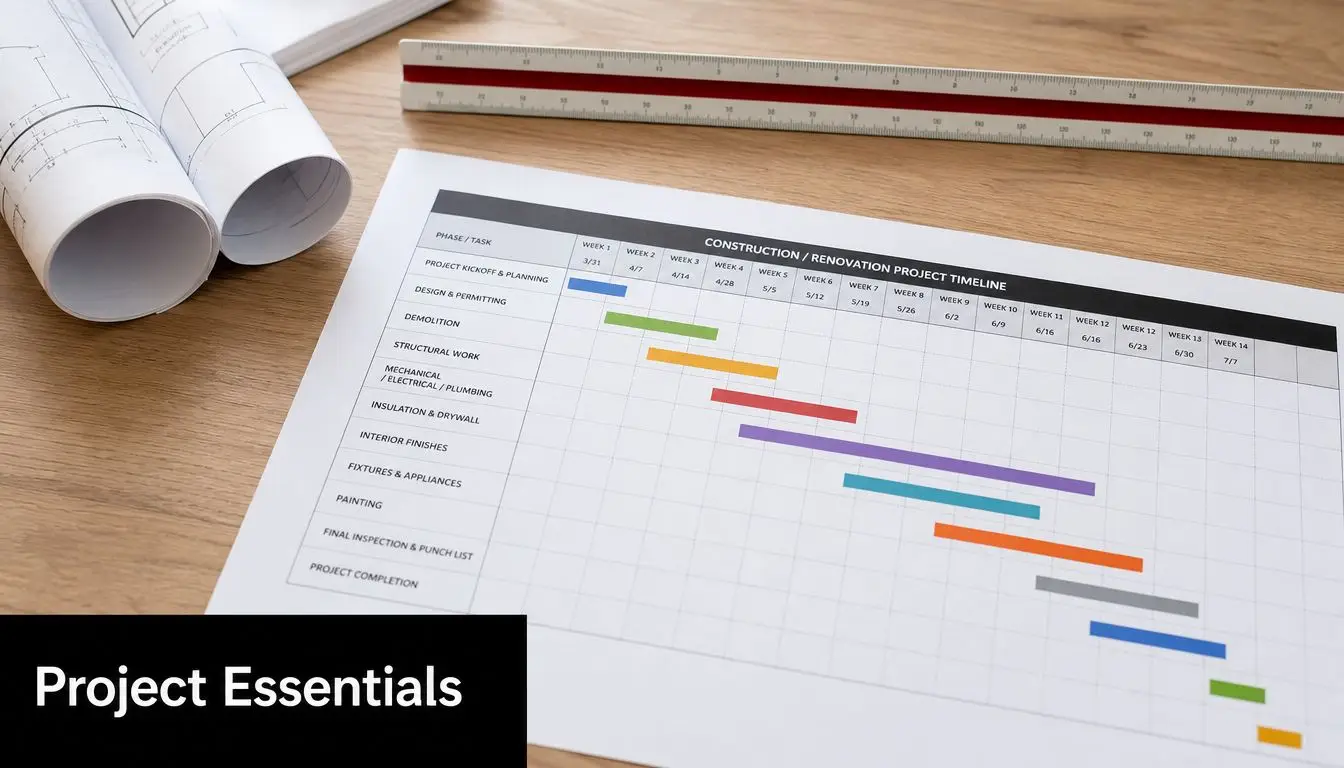 A renovation project timeline chart printed on paper with architectural blueprints and a ruler on a wooden table.
