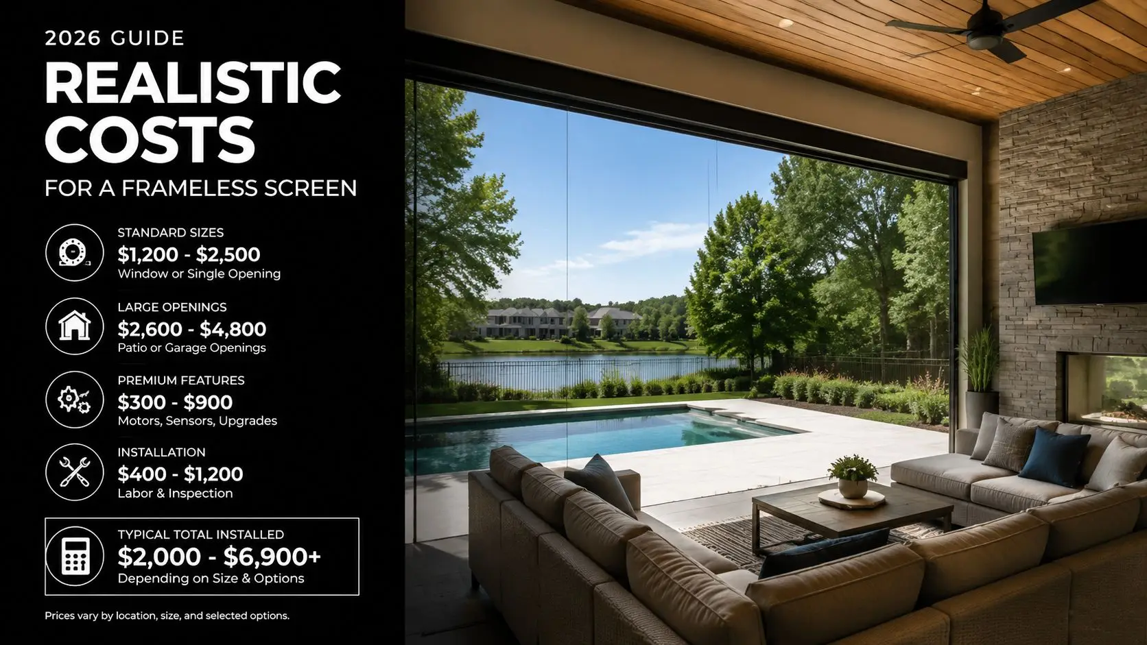 A price guide infographic showing realistic 2026 costs for frameless screen installation for homes.