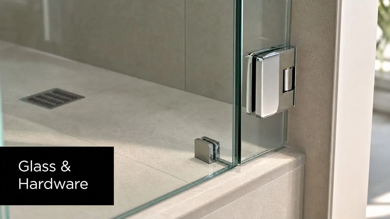 Close up view of polished chrome glass shower hardware components on a modern tiled shower enclosure.