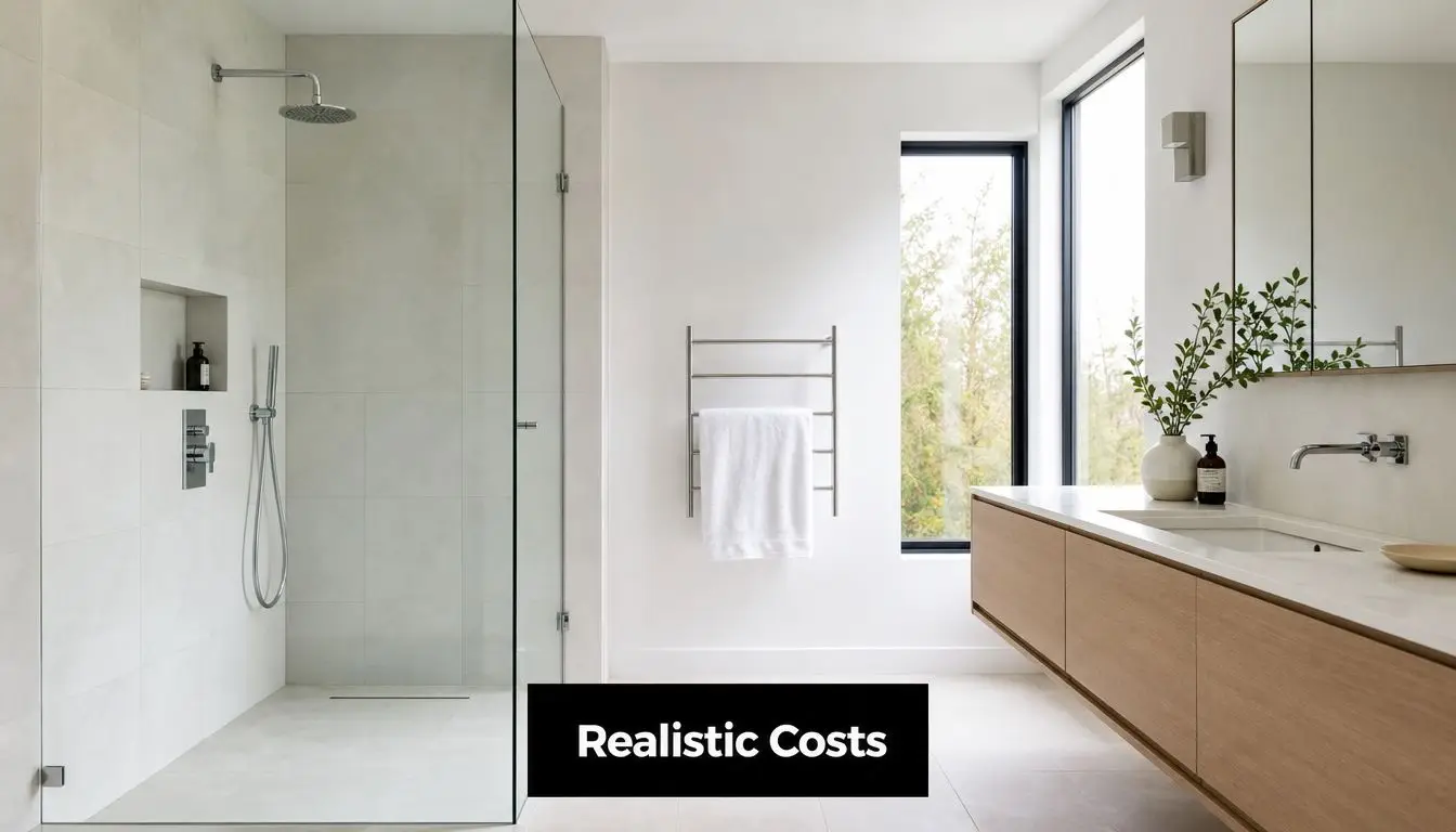 A modern minimalist bathroom featuring a frameless glass shower enclosure and a floating wooden vanity.