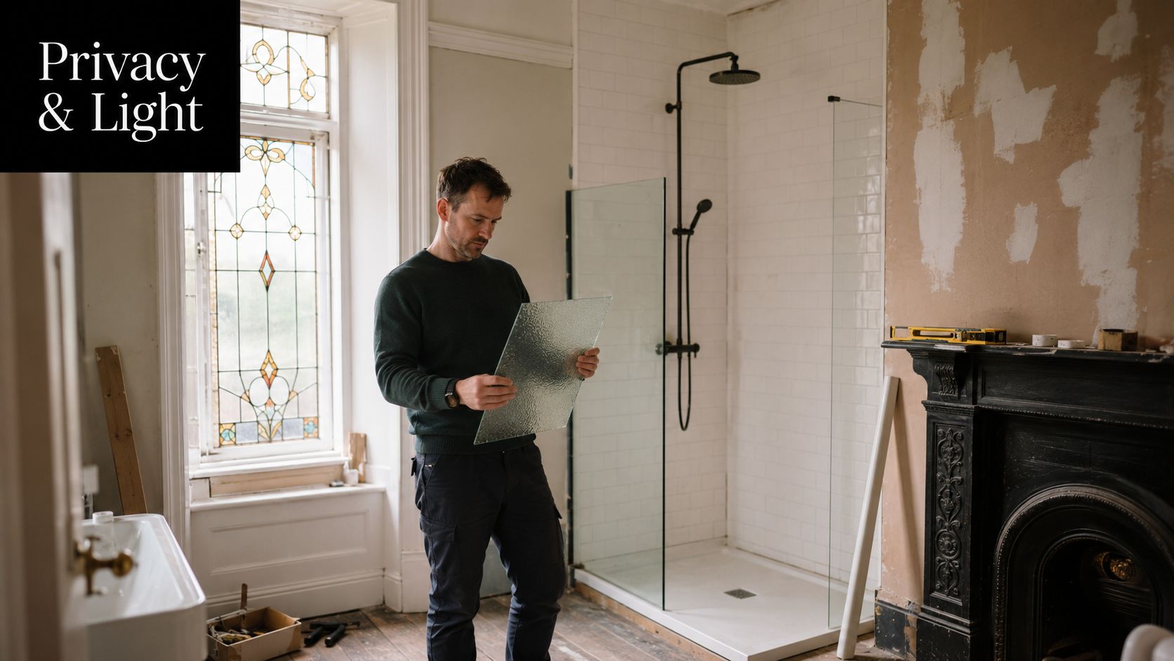 A man inspecting a piece of textured frosted glass in a bathroom undergoing renovation.
