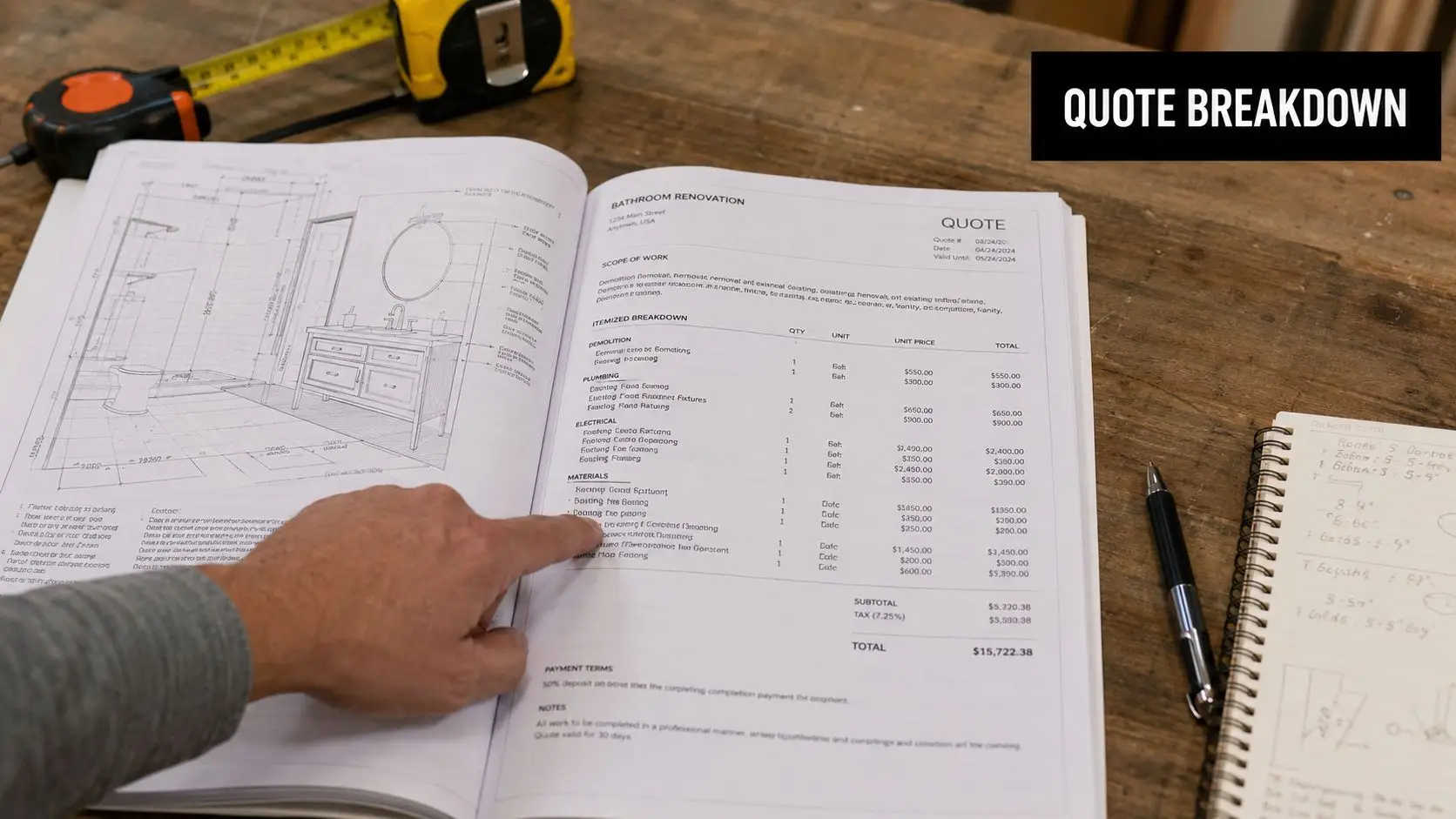 A hand pointing to an itemized cost estimate document for a professional bathroom renovation project on a desk.