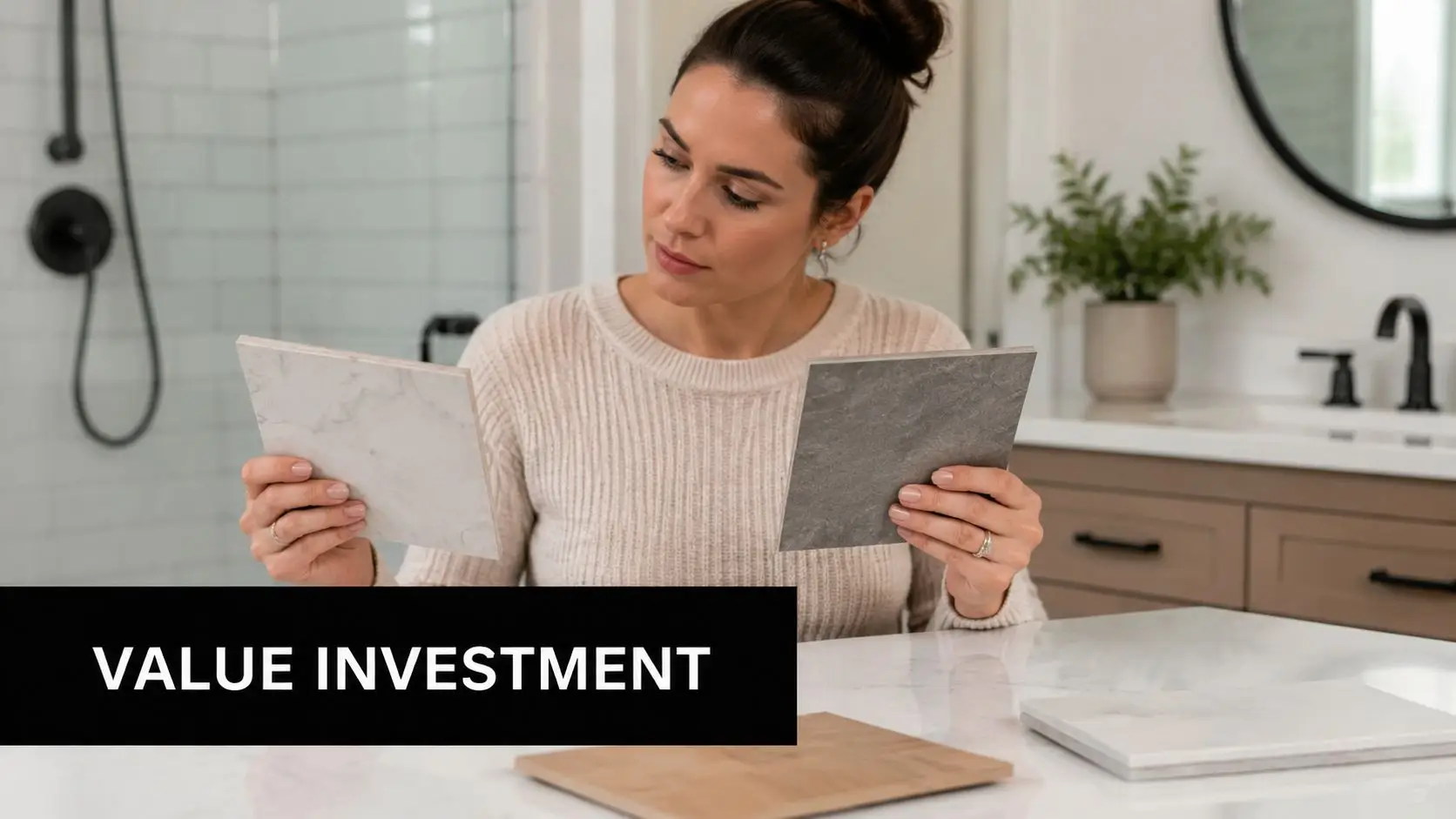 A woman holding two different stone tile samples while deciding on materials for a bathroom renovation project.
