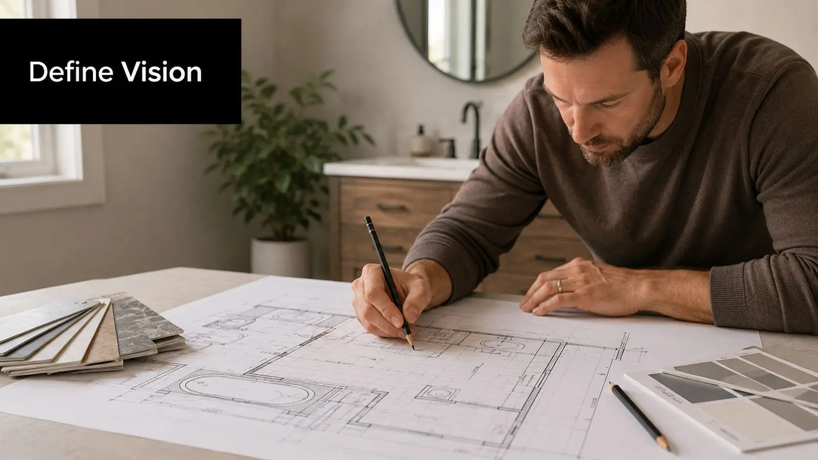 A professional interior designer sketching a bathroom renovation plan on a blueprint with material swatches nearby.