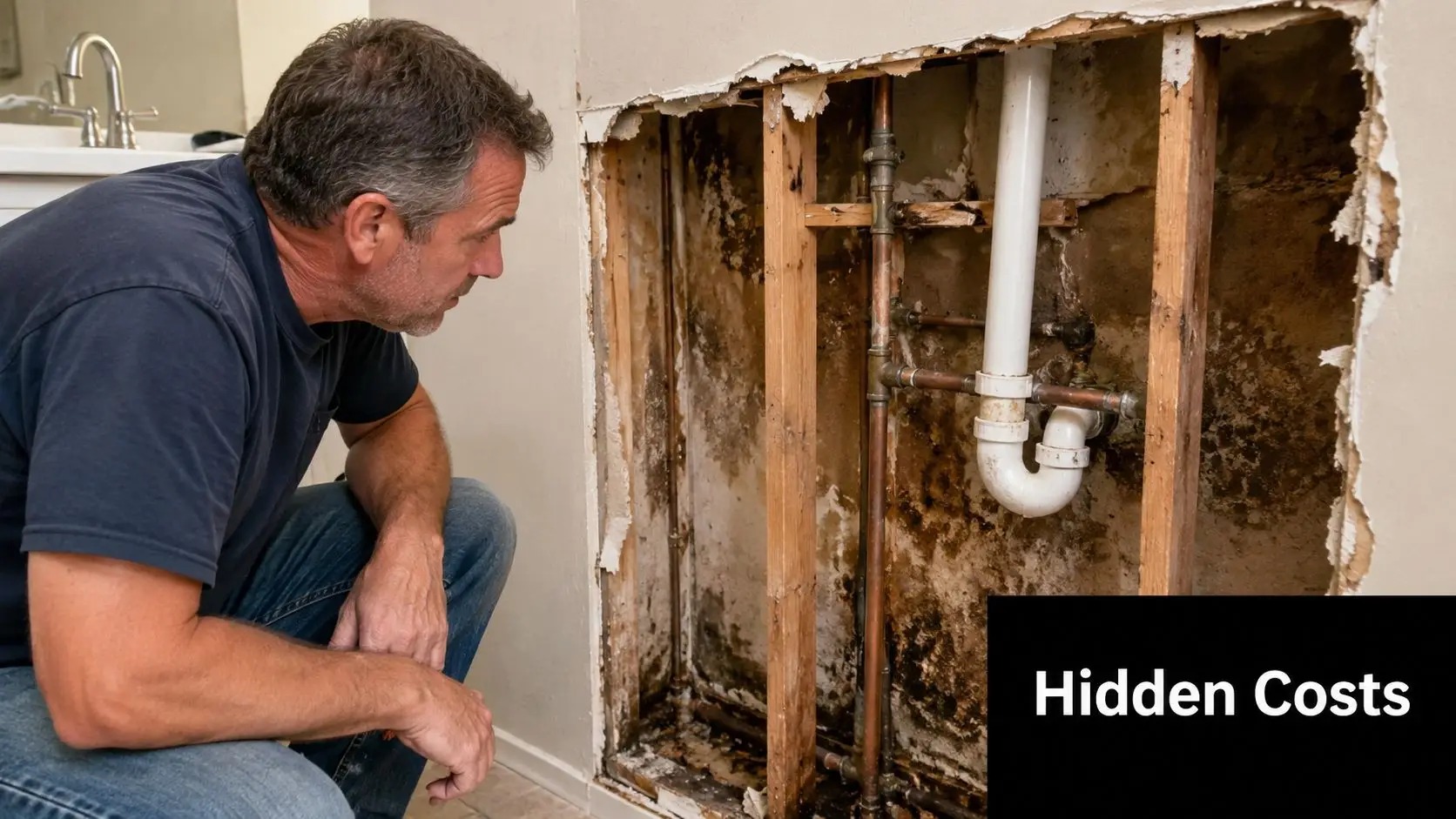 A man examines mold and damaged plumbing inside an open wall during a bathroom renovation project.