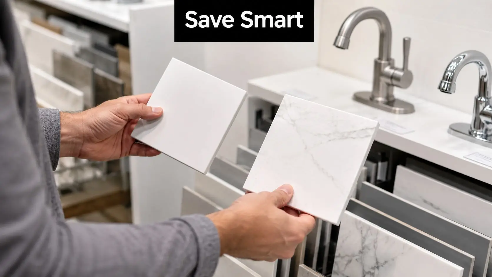 A man holds two white tile samples while comparing material options for a bathroom renovation project.
