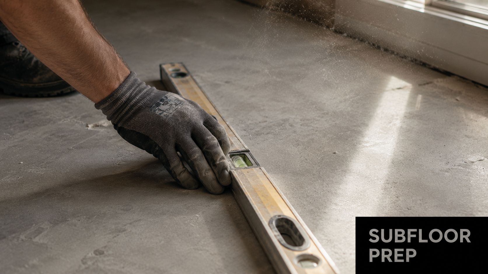 A worker using a spirit level to check the flatness of a concrete subfloor before construction.