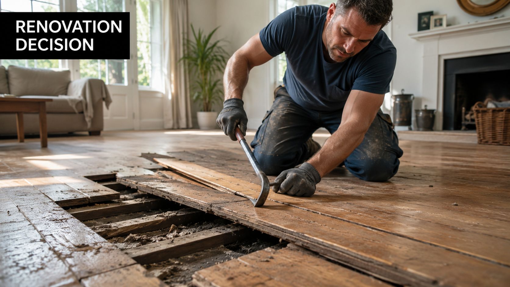 A professional tradesman kneeling on a hardwood floor, using a crowbar to pry up old wooden planks.