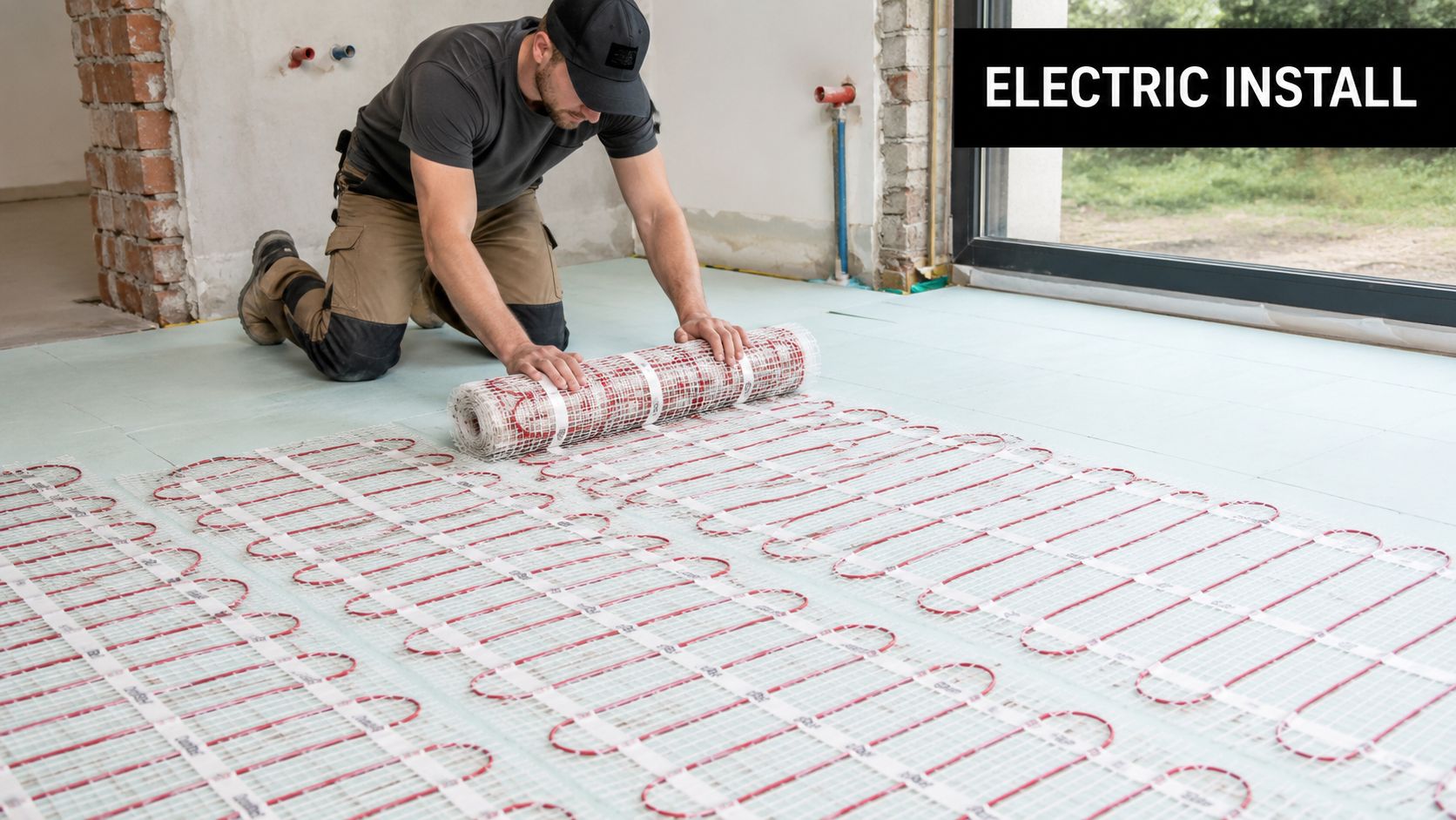 A technician installing an electric underfloor heating mat on a room floor during home renovation.