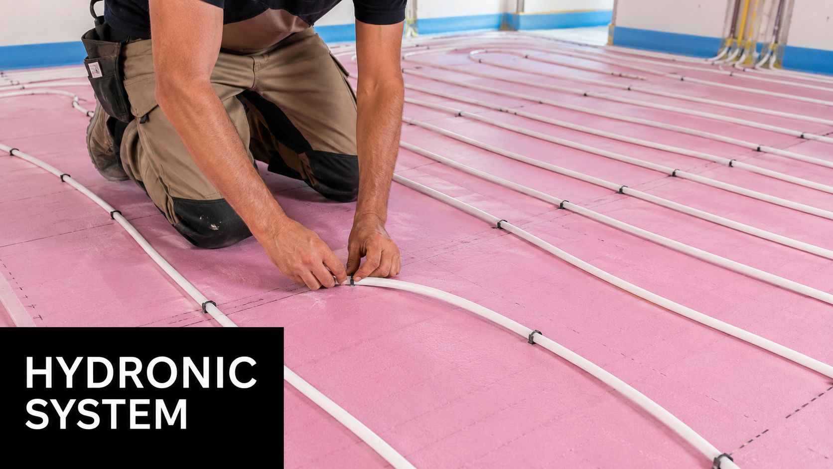 A professional construction worker installing hydronic underfloor heating pipes on pink insulation boards in a house.