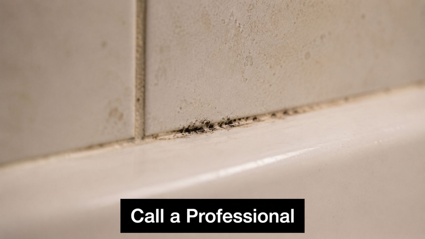 A close-up view of dark mold buildup along the grout line between bathroom tiles and a bathtub.