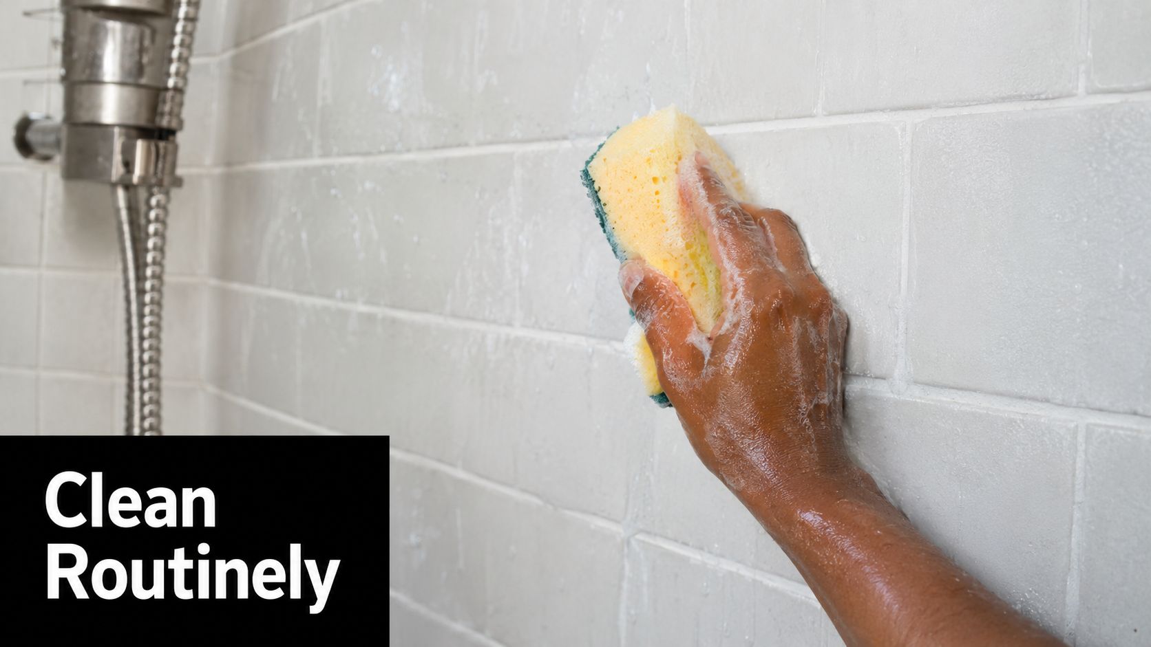 A person scrubbing white tiled shower walls with a yellow and green sponge to maintain bathroom cleanliness.