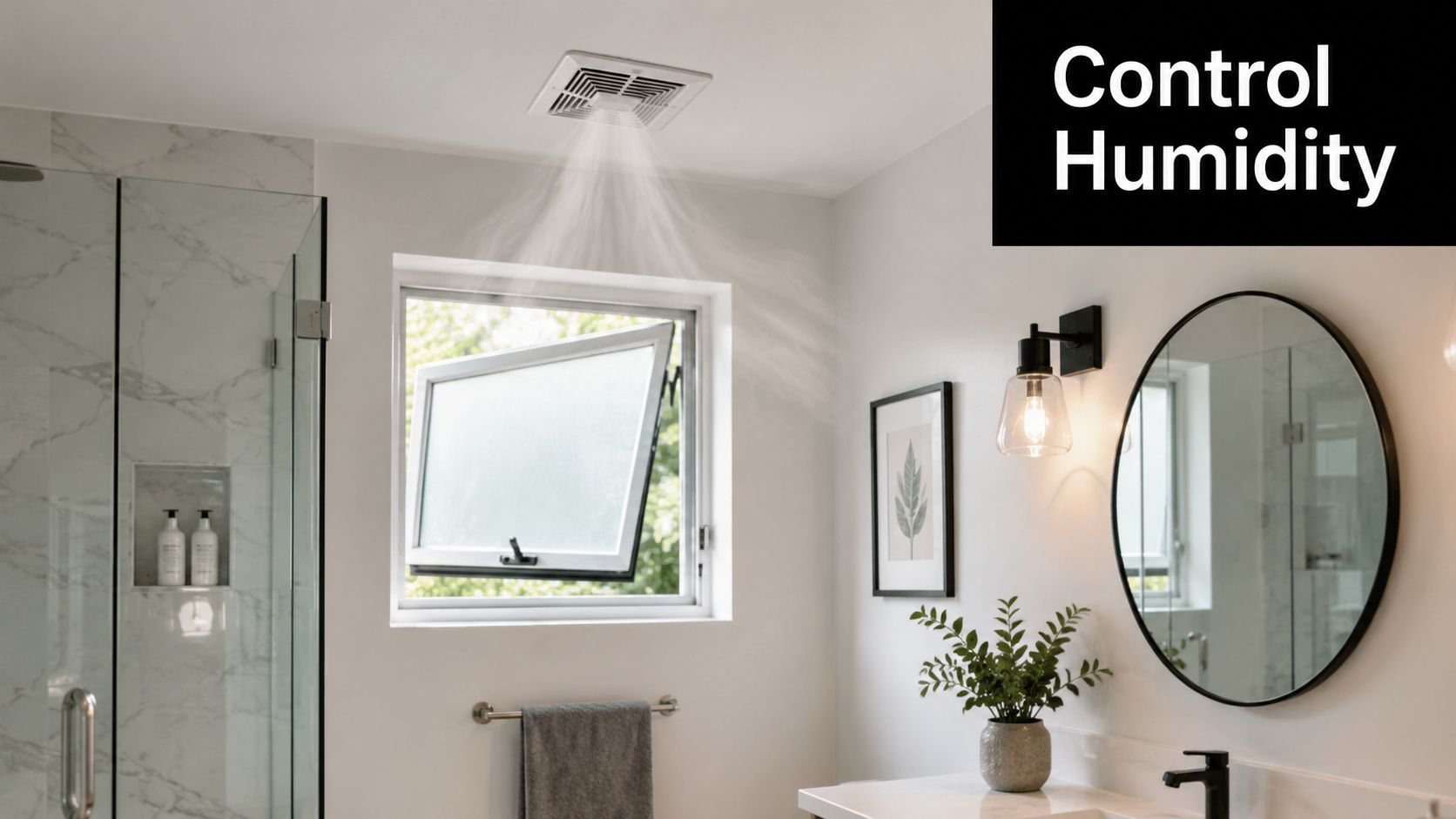 A modern bathroom with a ceiling exhaust fan turned on to help control excess humidity and moisture.