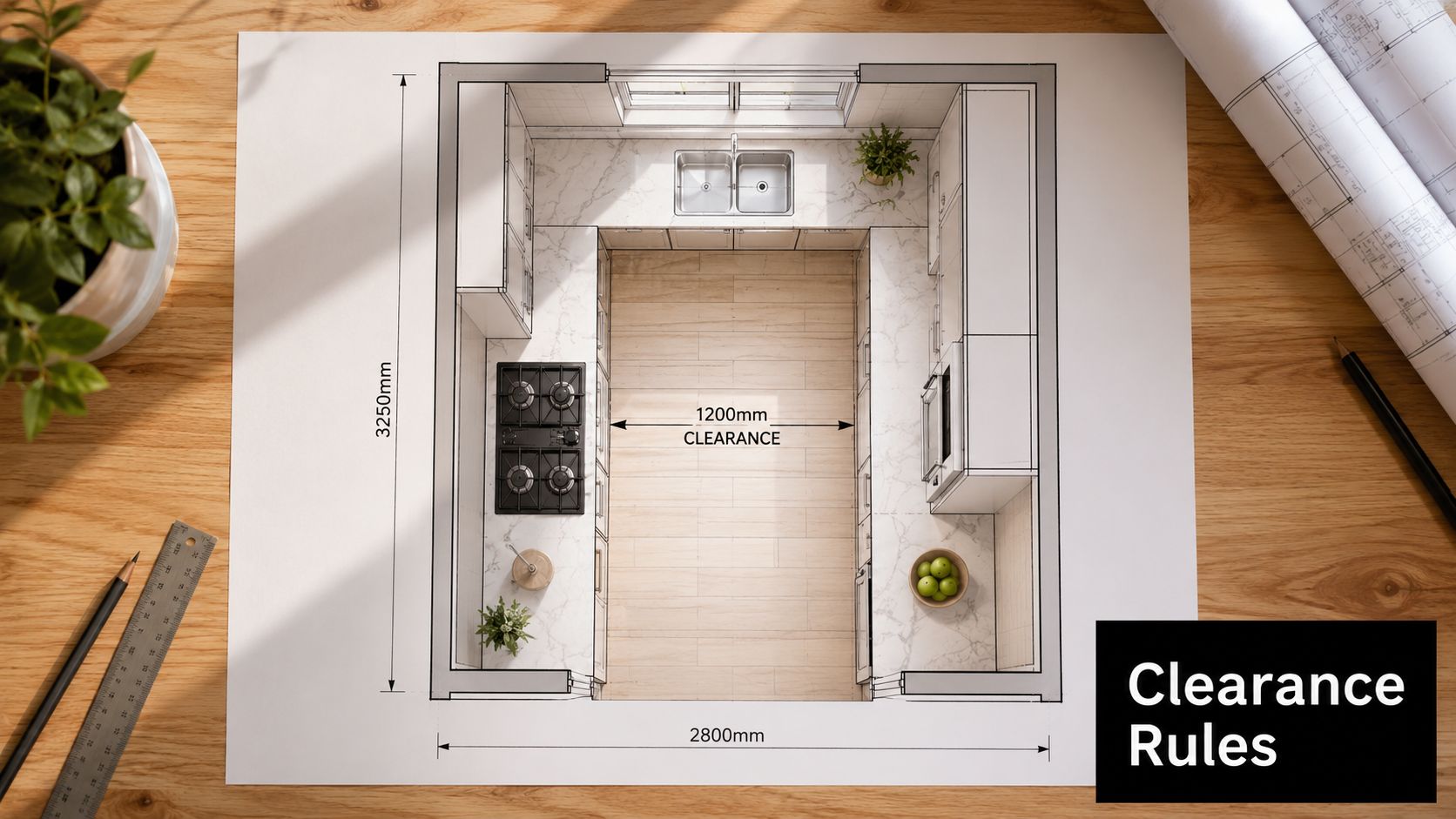 A detailed architectural floor plan for a U-shaped kitchen renovation project shown on a wooden desk.
