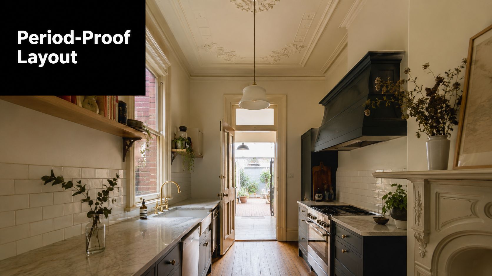 A renovated kitchen with period features, marble countertops, dark cabinetry, and a view into a backyard.