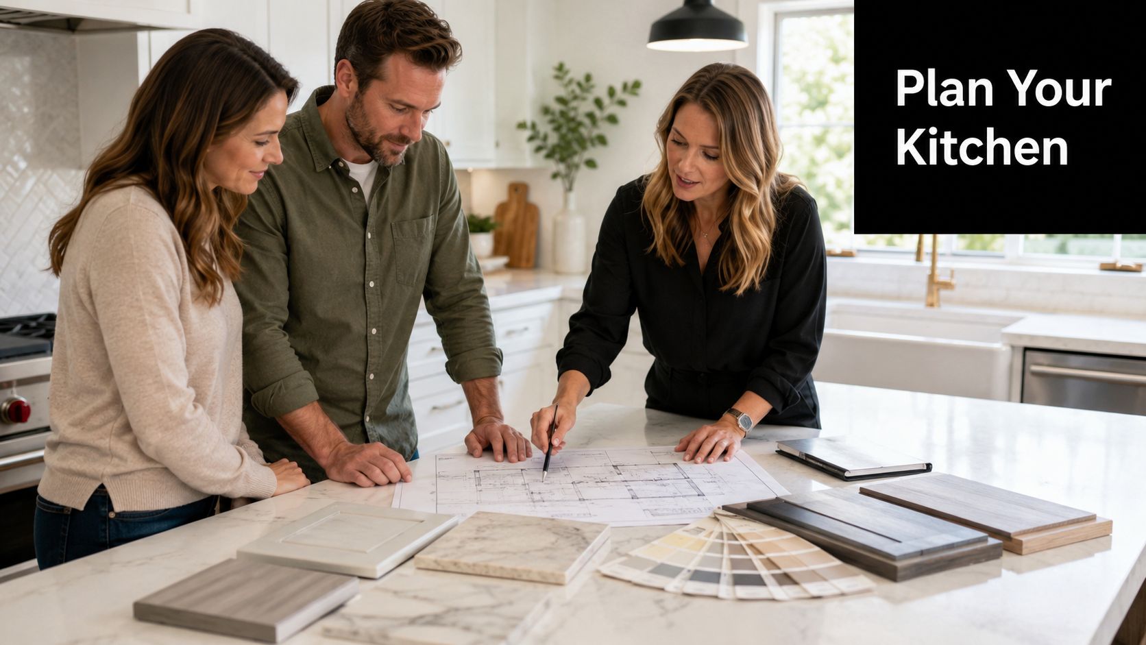 A professional interior designer reviews kitchen renovation plans with a couple in their bright, modern home kitchen.