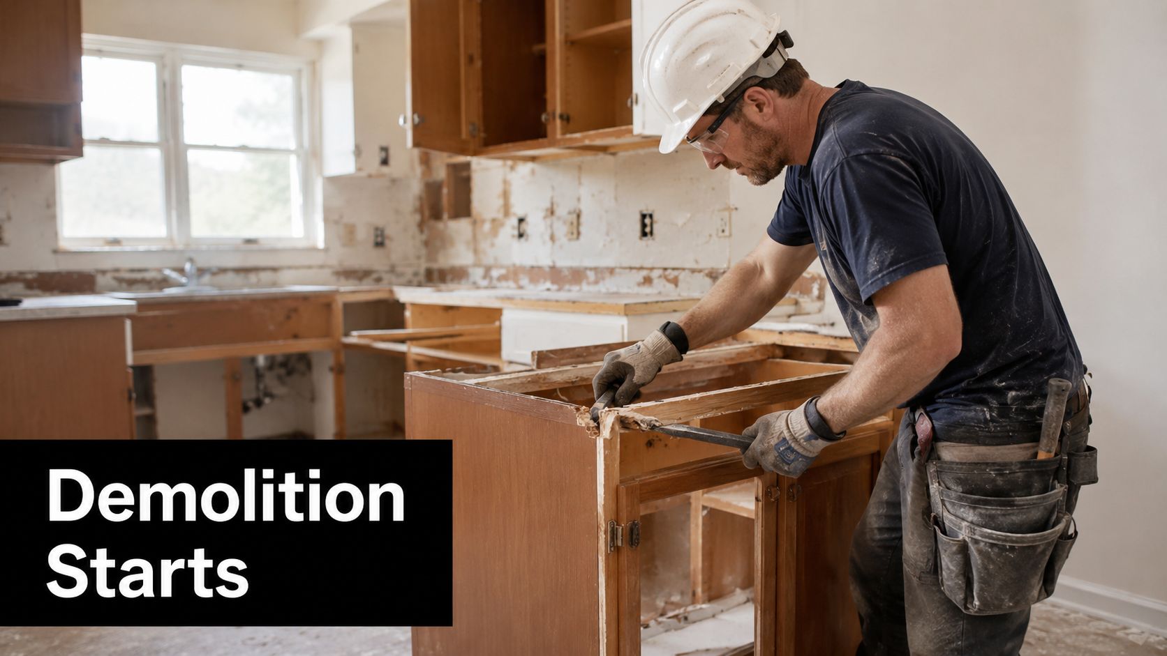 A construction worker wearing a white hard hat and gloves performing kitchen demolition on wooden cabinets.