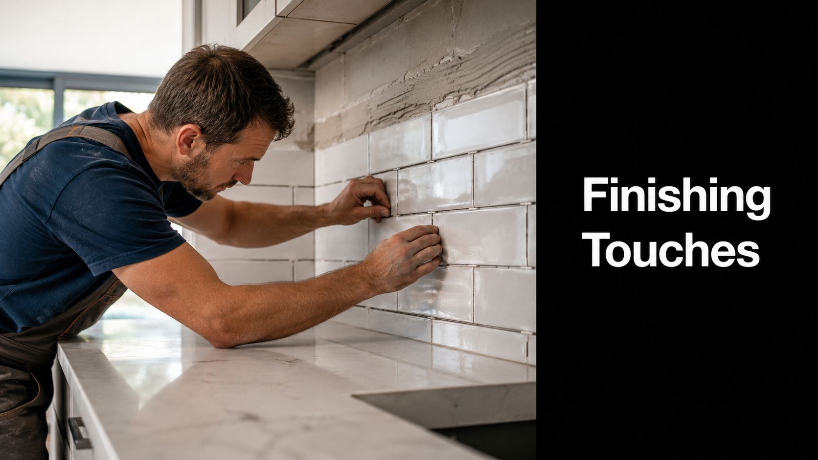 A professional construction worker carefully installing white subway tiles as a backsplash in a modern kitchen.