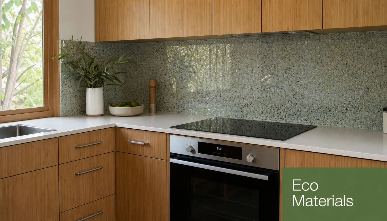 A modern kitchen interior featuring natural bamboo cabinetry, a sleek induction cooktop, and a recycled glass backsplash.