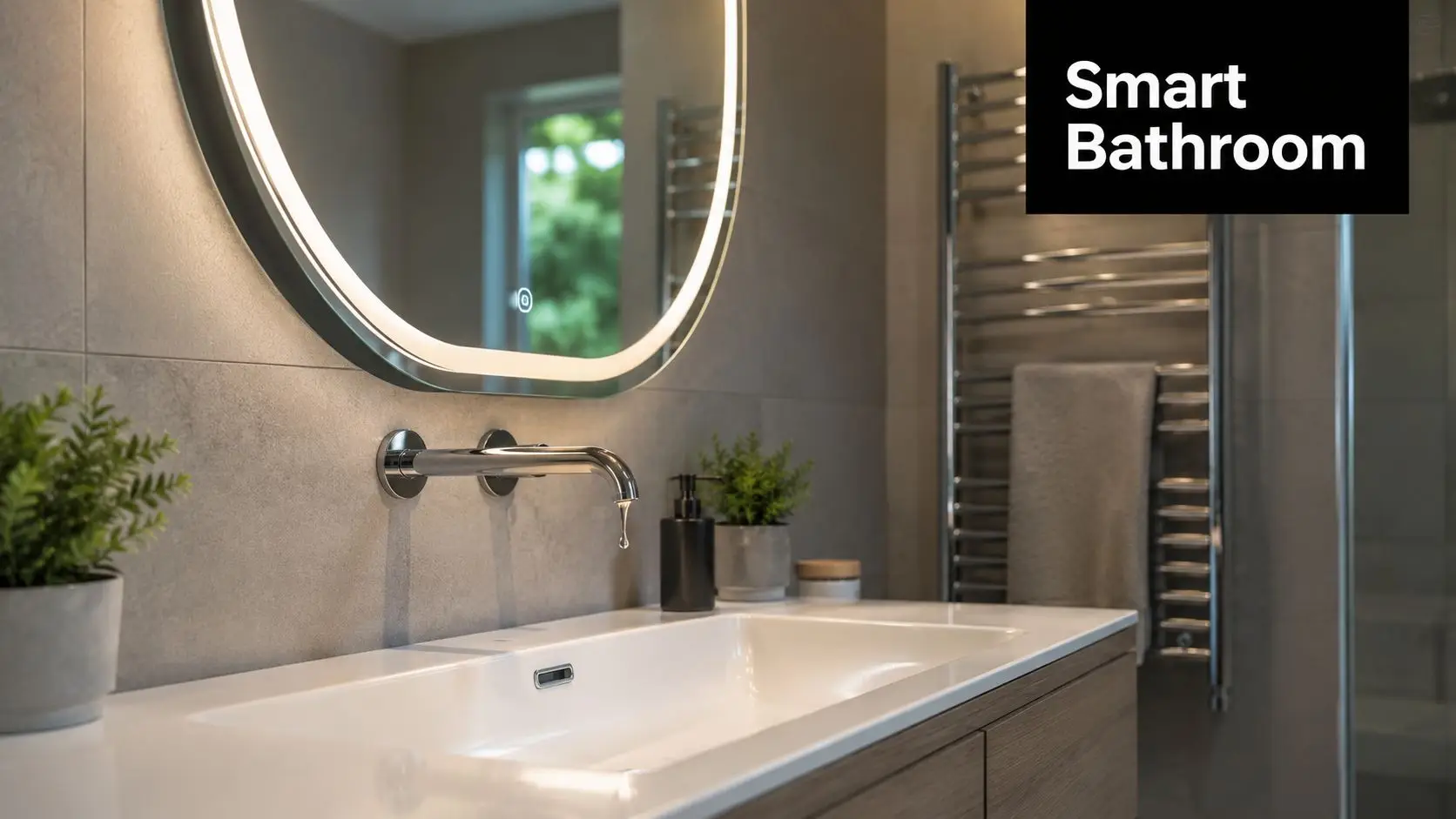 A modern, minimalist smart bathroom featuring an elegant wall-mounted faucet, illuminated circular mirror, and grey tiled walls.