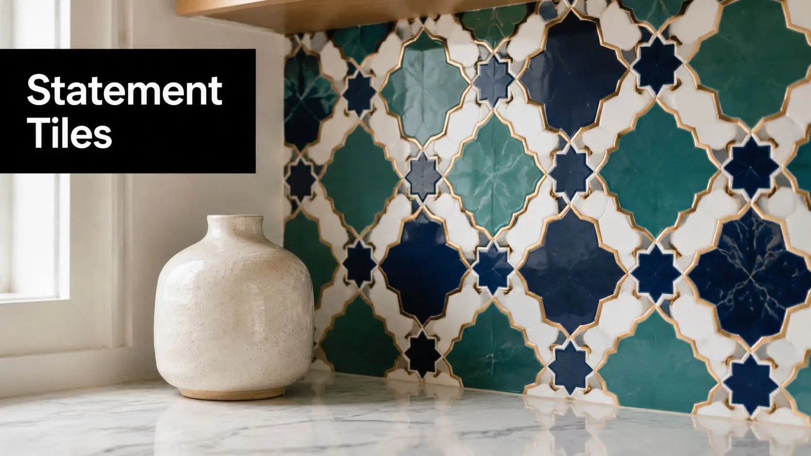 A close-up view of elegant green and blue patterned kitchen backsplash tiles with a ceramic vase.