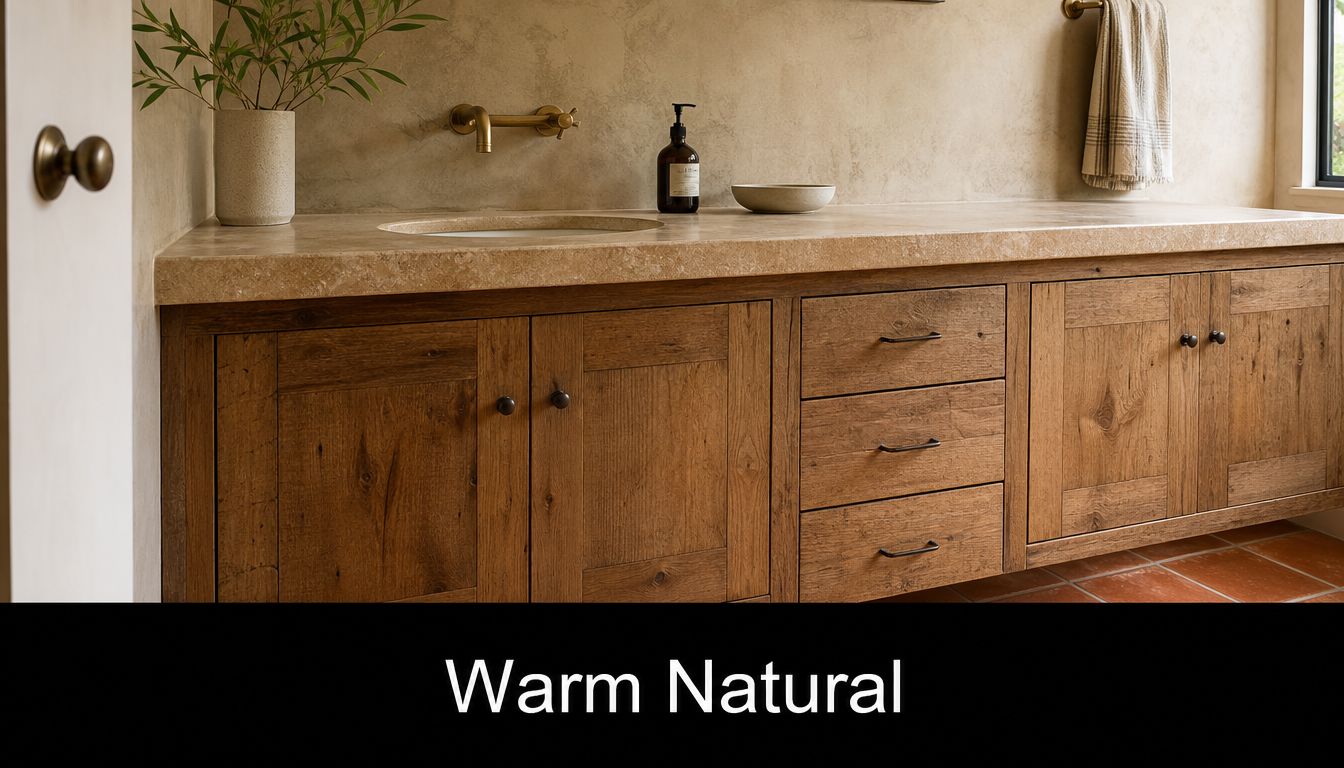 A rustic wooden vanity with a stone countertop and gold faucet in a warm, natural-toned bathroom.