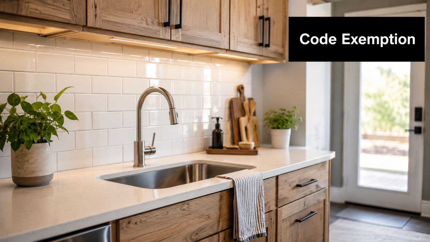 A modern kitchen sink area featuring wooden cabinets, a white tiled backsplash, and light countertops.