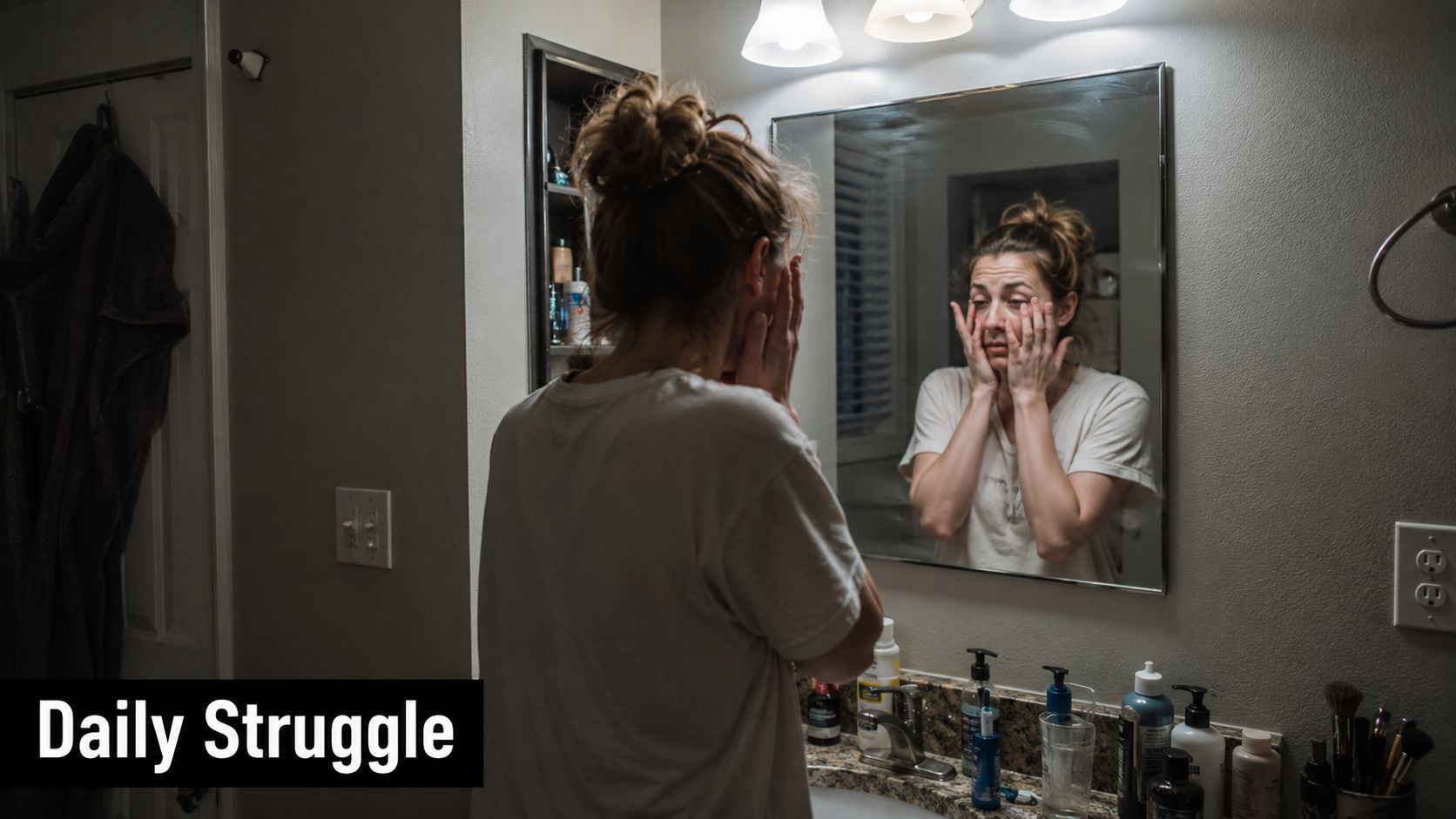 A woman stands in a dimly lit bathroom looking at her reflection with tired, stressed expressions.