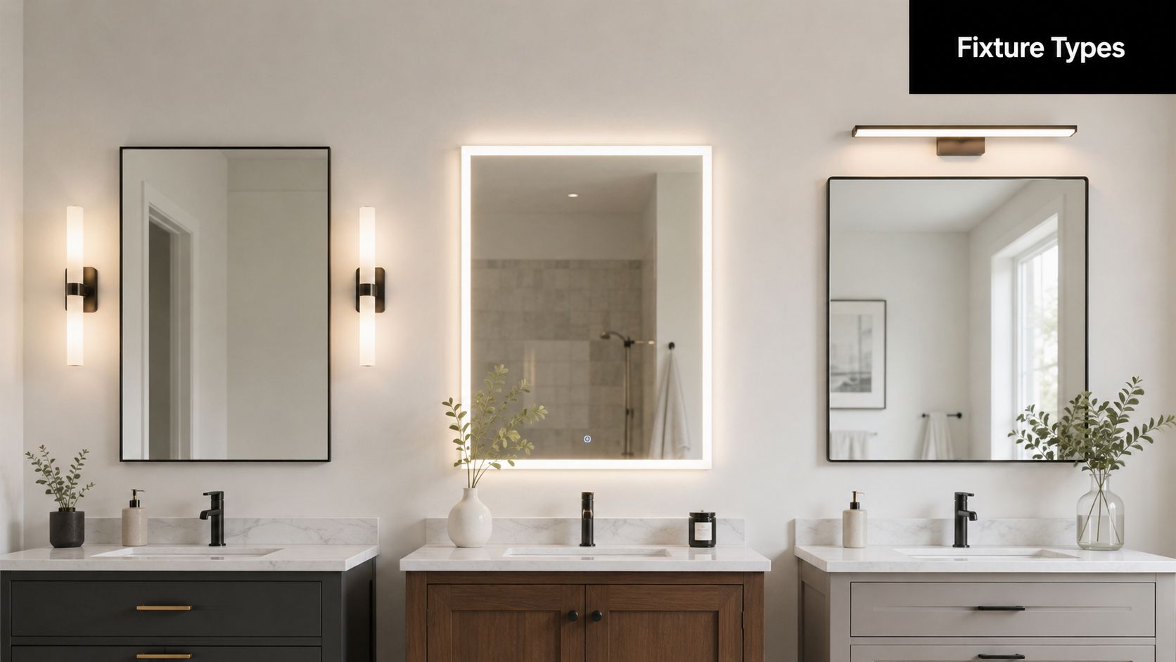 A modern bathroom vanity display featuring three mirrors with different styles of wall-mounted lighting fixtures installed.