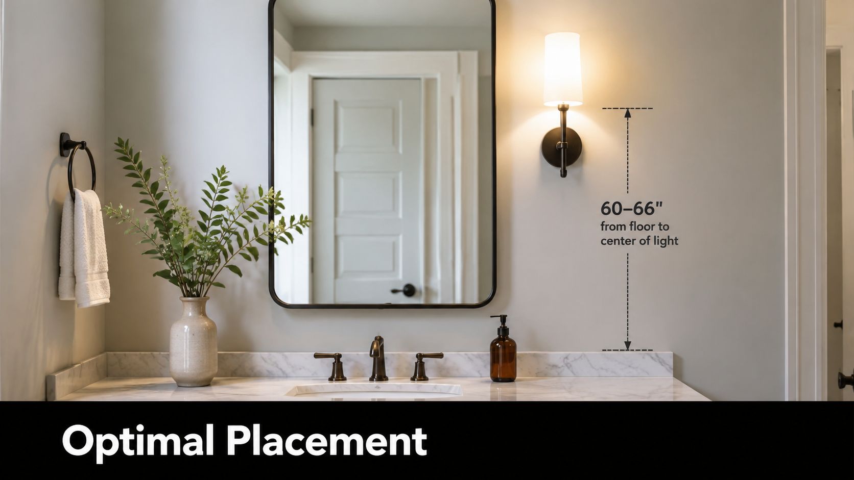 A modern bathroom vanity with a mirror and recommended height measurements for wall-mounted light fixtures.