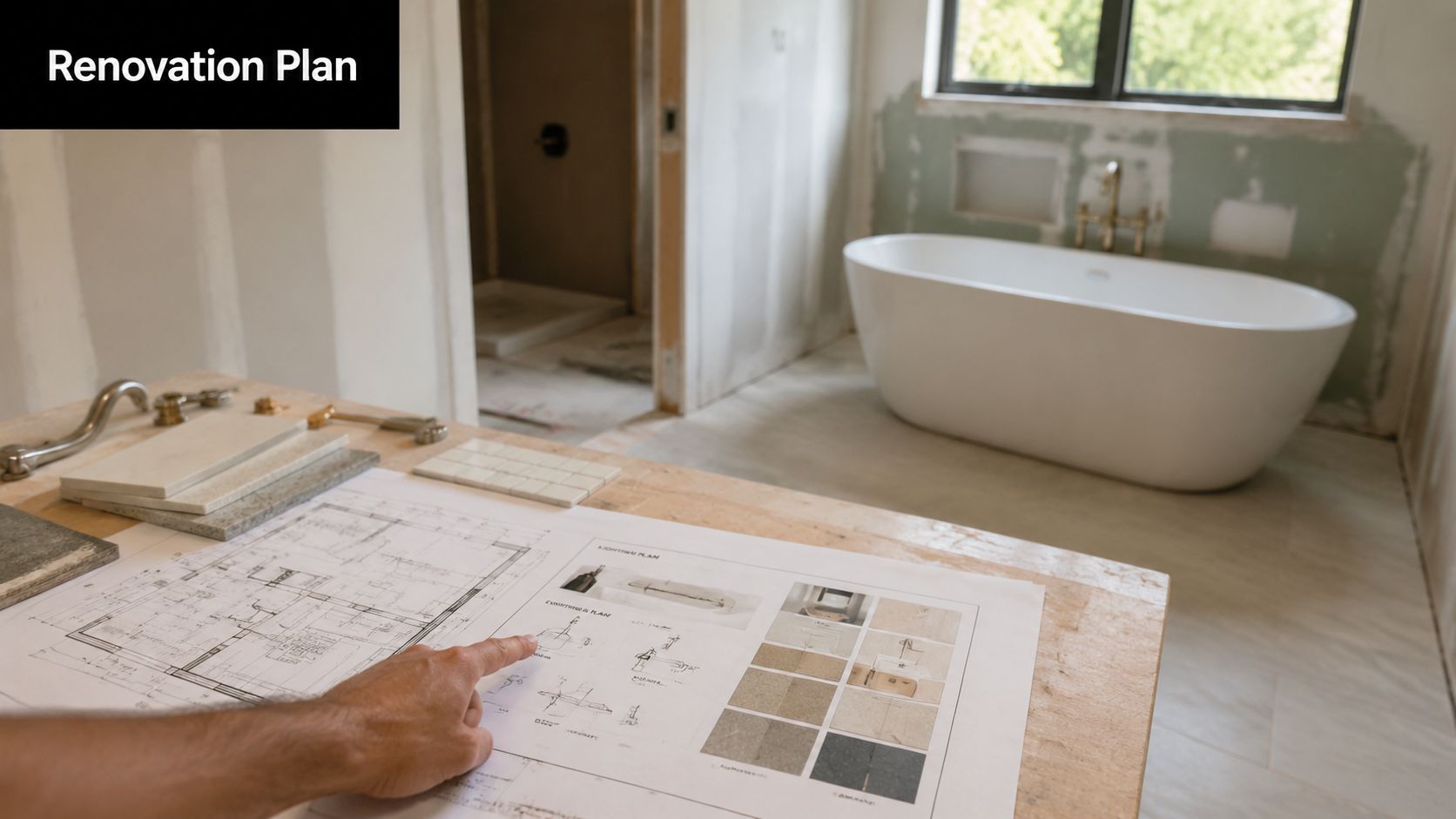 A contractor examines renovation plans for a bathroom remodel featuring a freestanding bathtub and material samples.