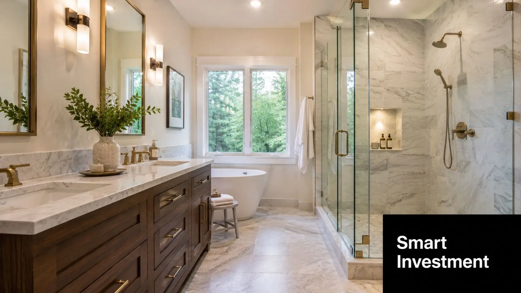 A luxurious bathroom featuring a marble vanity, a large glass shower, and a soaking tub by a window.