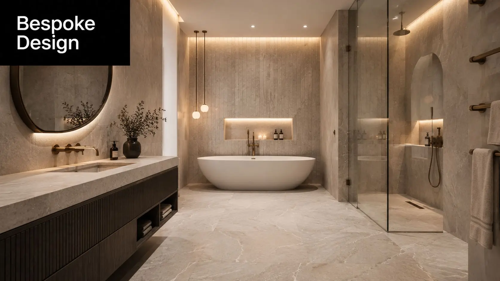 A luxurious modern bathroom featuring a white soaking tub, marble walls, and sleek wooden vanity cabinetry.