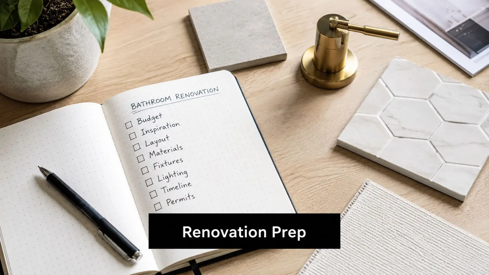 A notepad with a checklist for a bathroom renovation project sits on a desk with tiles and fixtures.