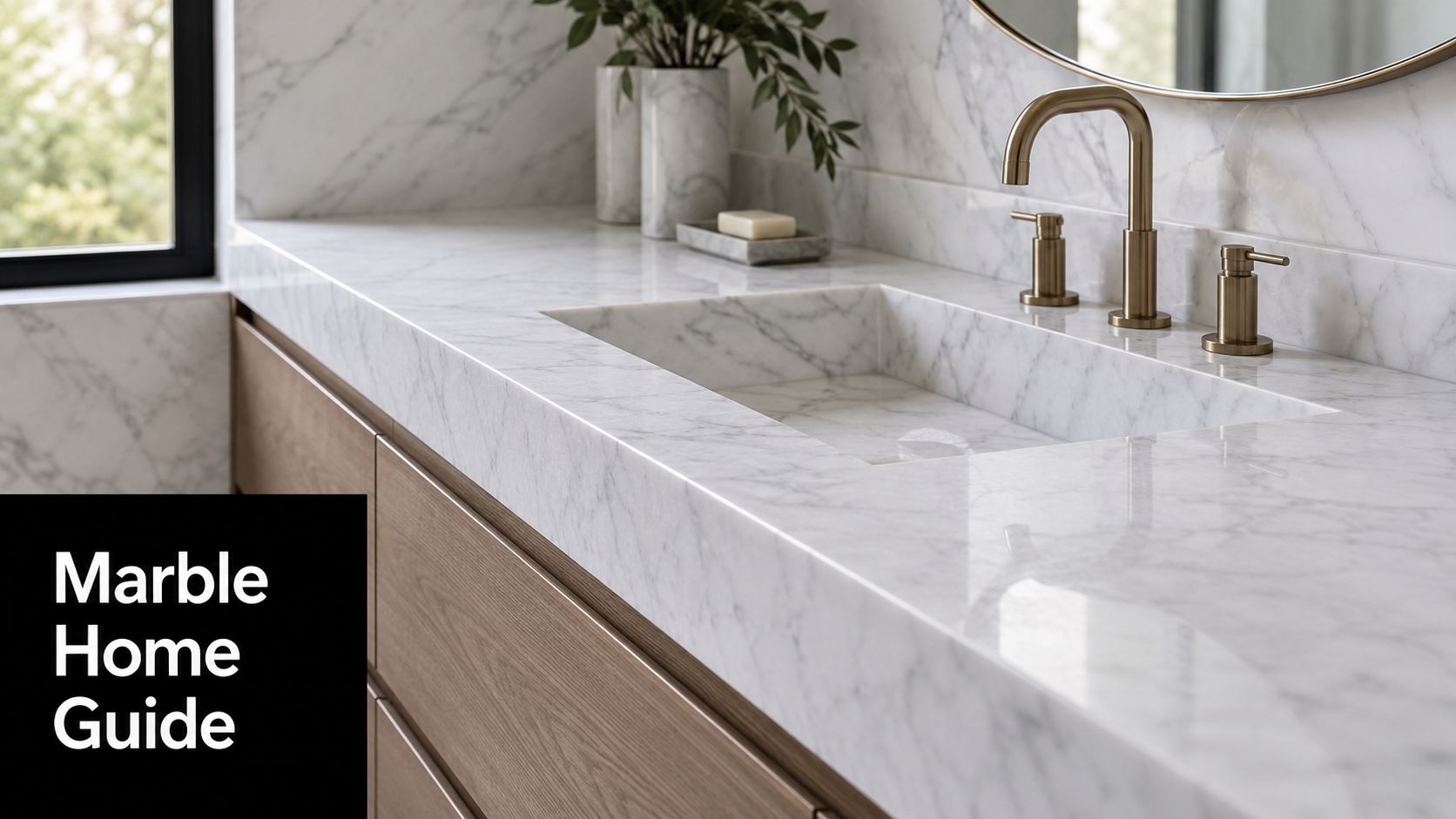 A modern bathroom vanity featuring a luxurious white marble countertop with an integrated sink and brass fixtures.