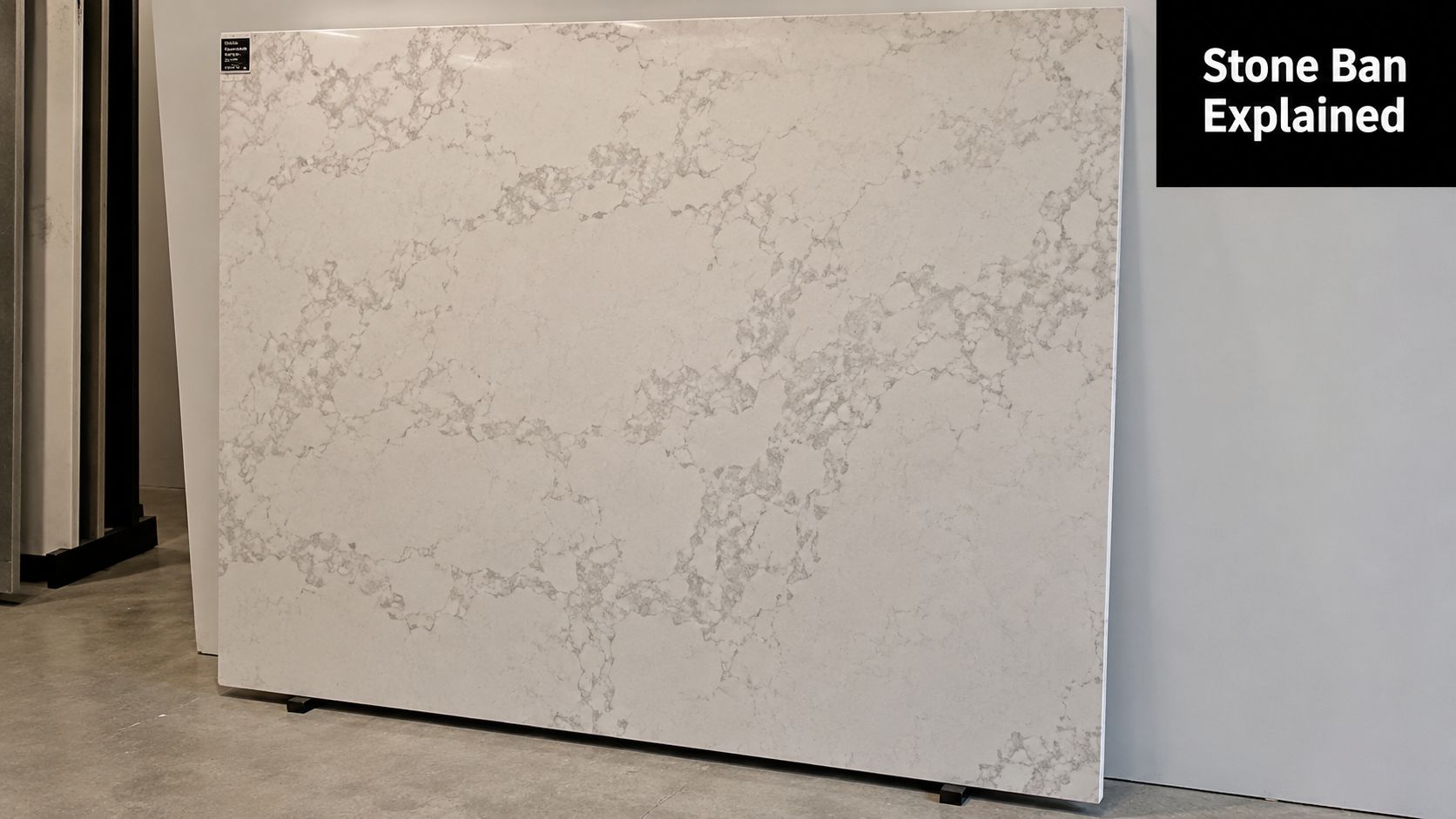 A large slab of white marble or quartz featuring intricate grey veins displayed in a showroom.