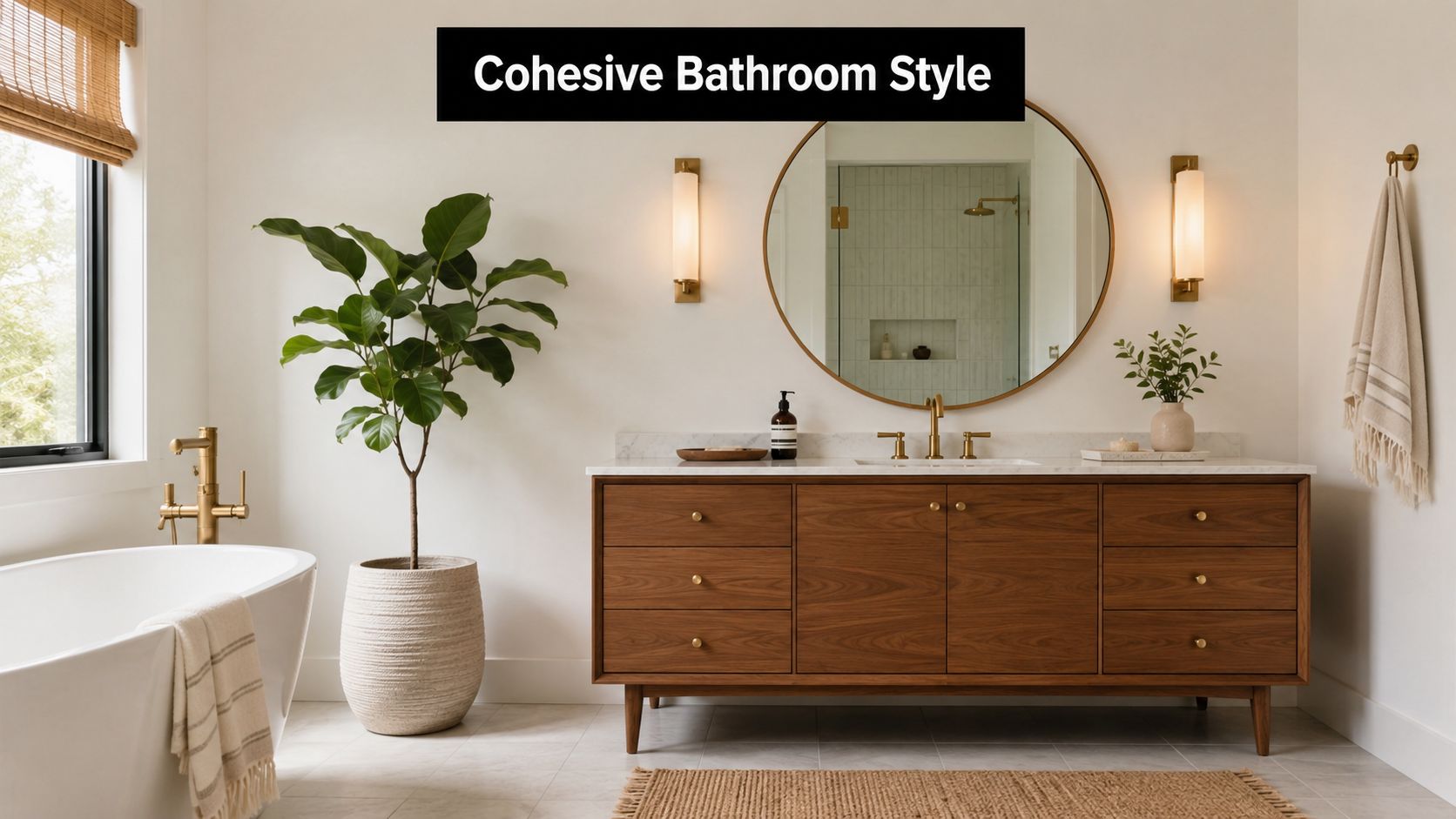A modern bathroom vanity with a wood finish, circular mirror, and elegant gold fixtures in a bright room.