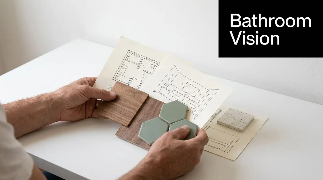 A person holding a wood sample and sage green hexagonal tiles over architectural sketches of a bathroom vanity.