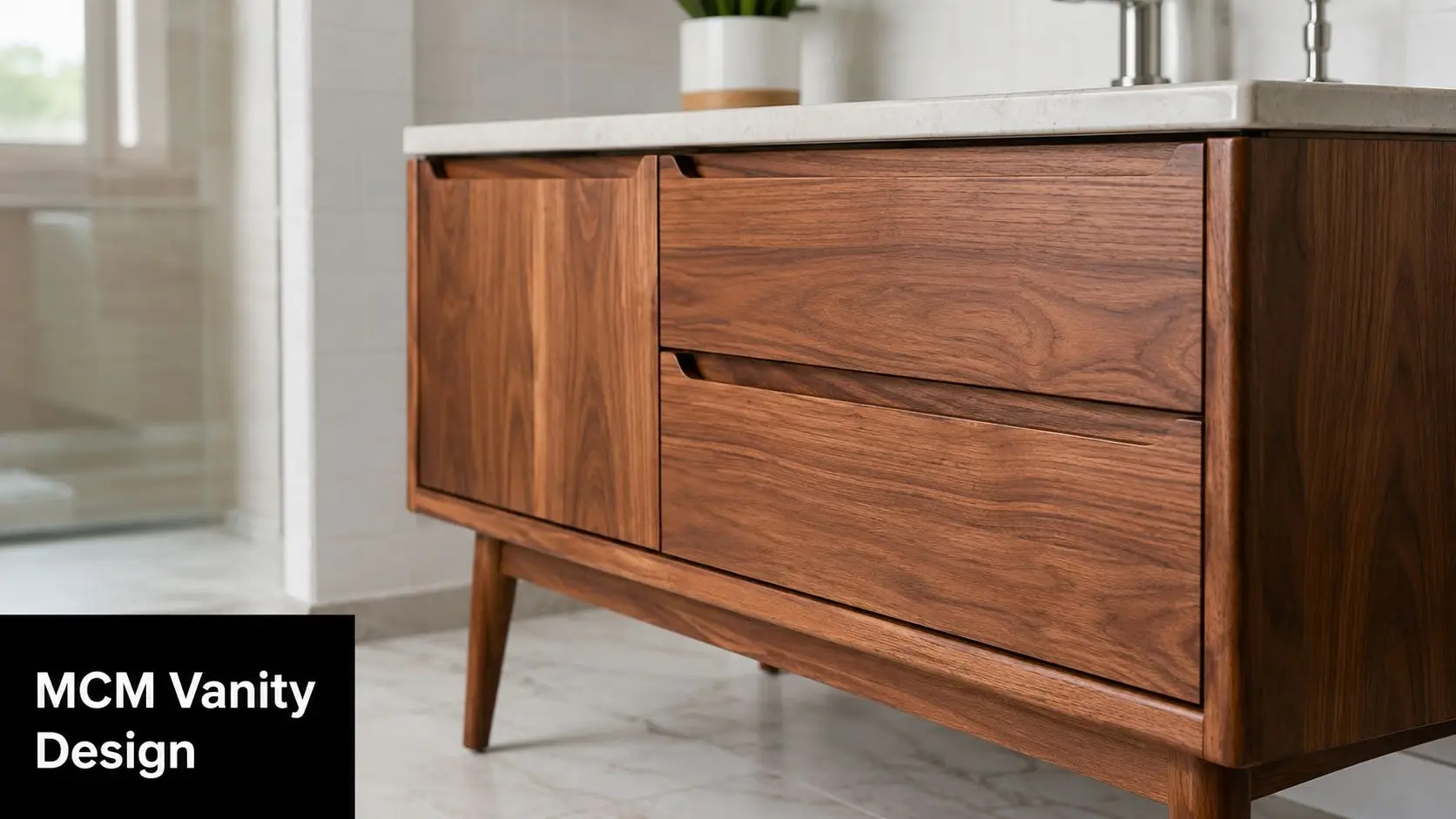 A modern walnut wood bathroom vanity cabinet featuring integrated drawer pulls and tapered mid-century style legs.