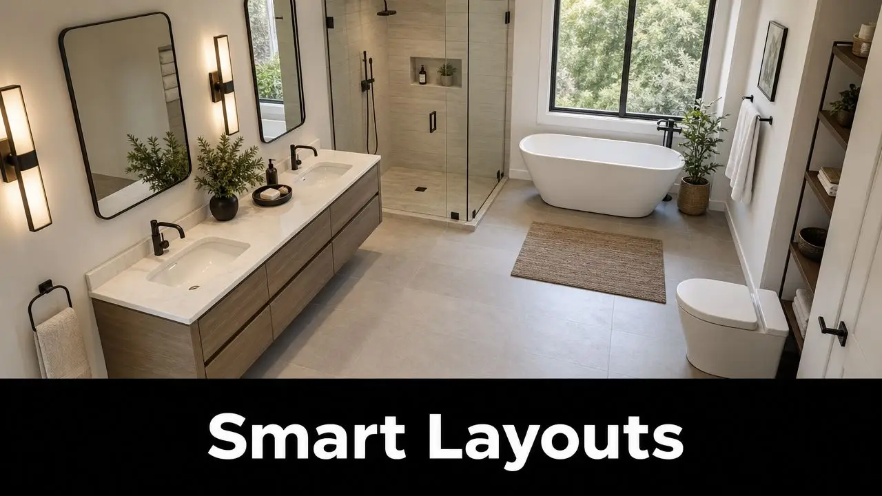 A modern minimalist bathroom featuring a double vanity, a glass shower, and a freestanding soaking tub.