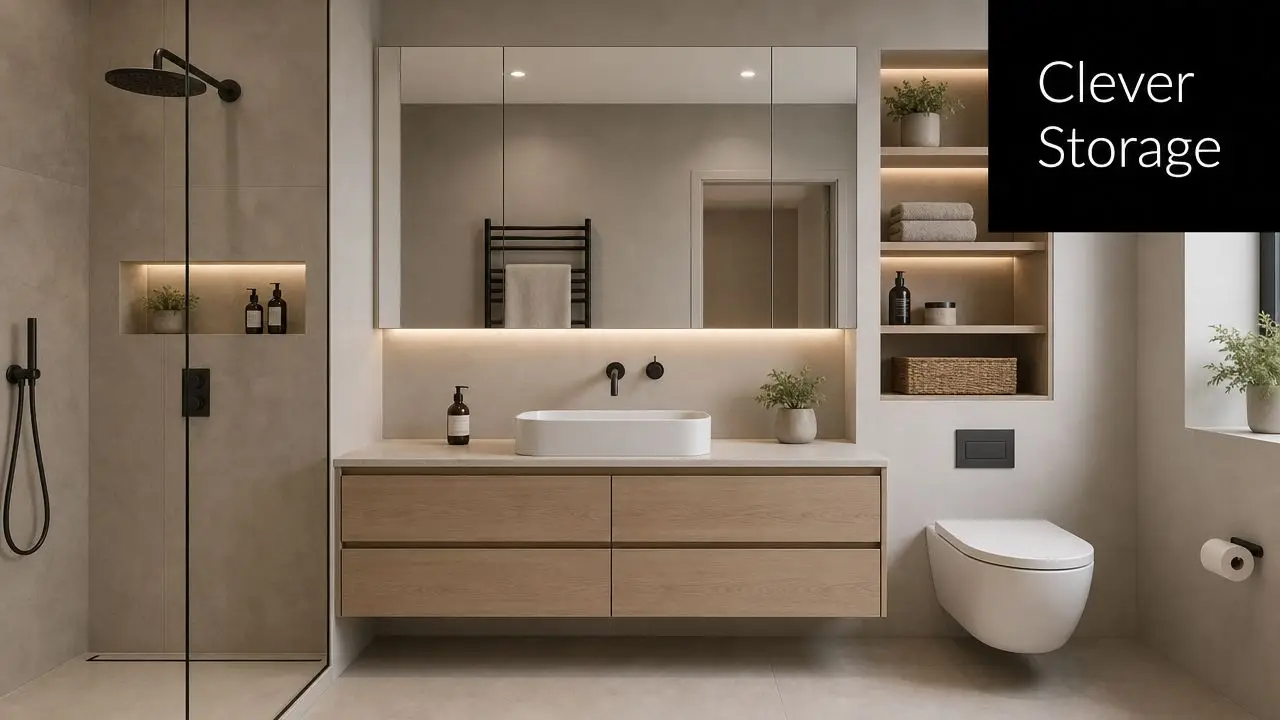 A modern minimalist bathroom featuring wood cabinetry, integrated lighting, open shelving, and a sleek wall-mounted toilet.