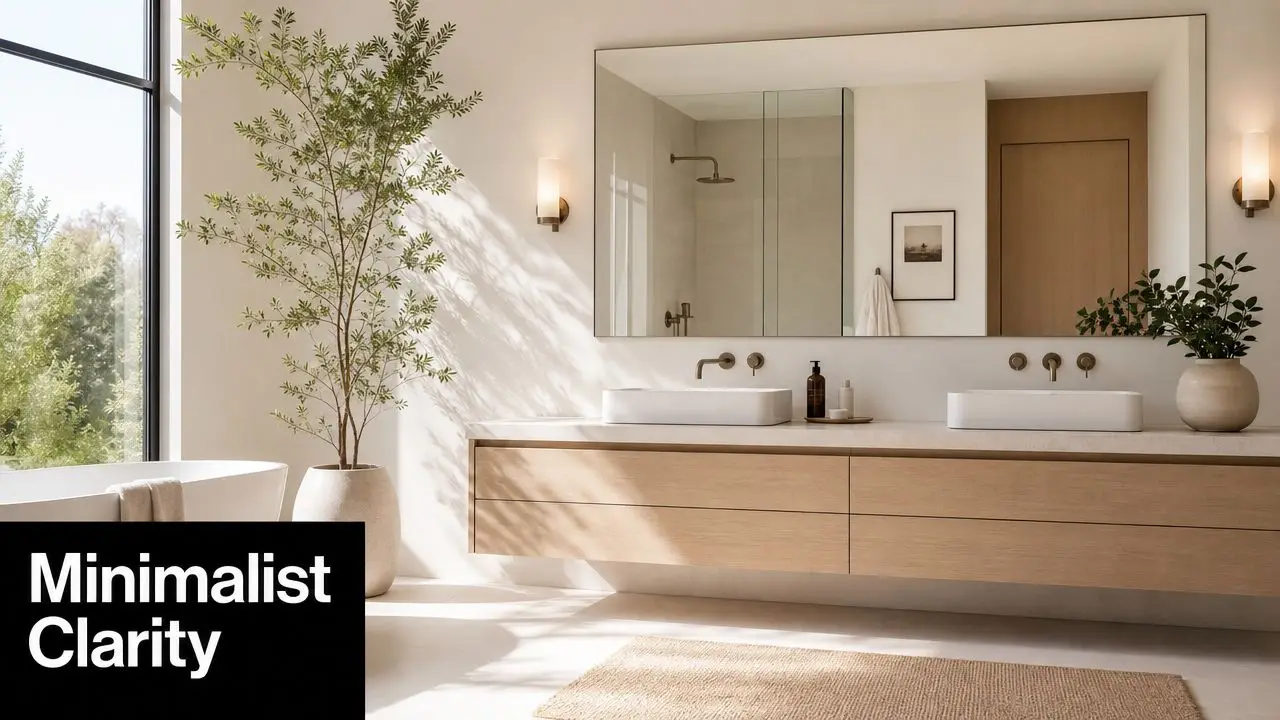 A modern minimalist bathroom featuring a floating wooden vanity, double vessel sinks, and an indoor potted tree.