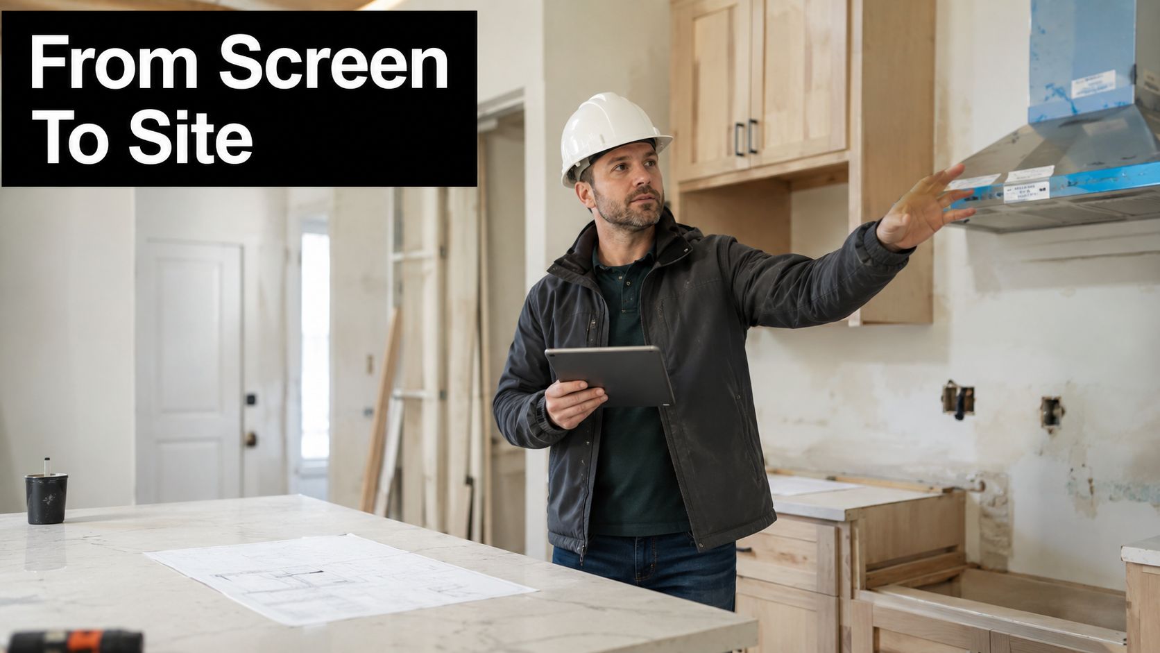 A construction manager in a hard hat holding a tablet and gesturing in a kitchen undergoing renovation.