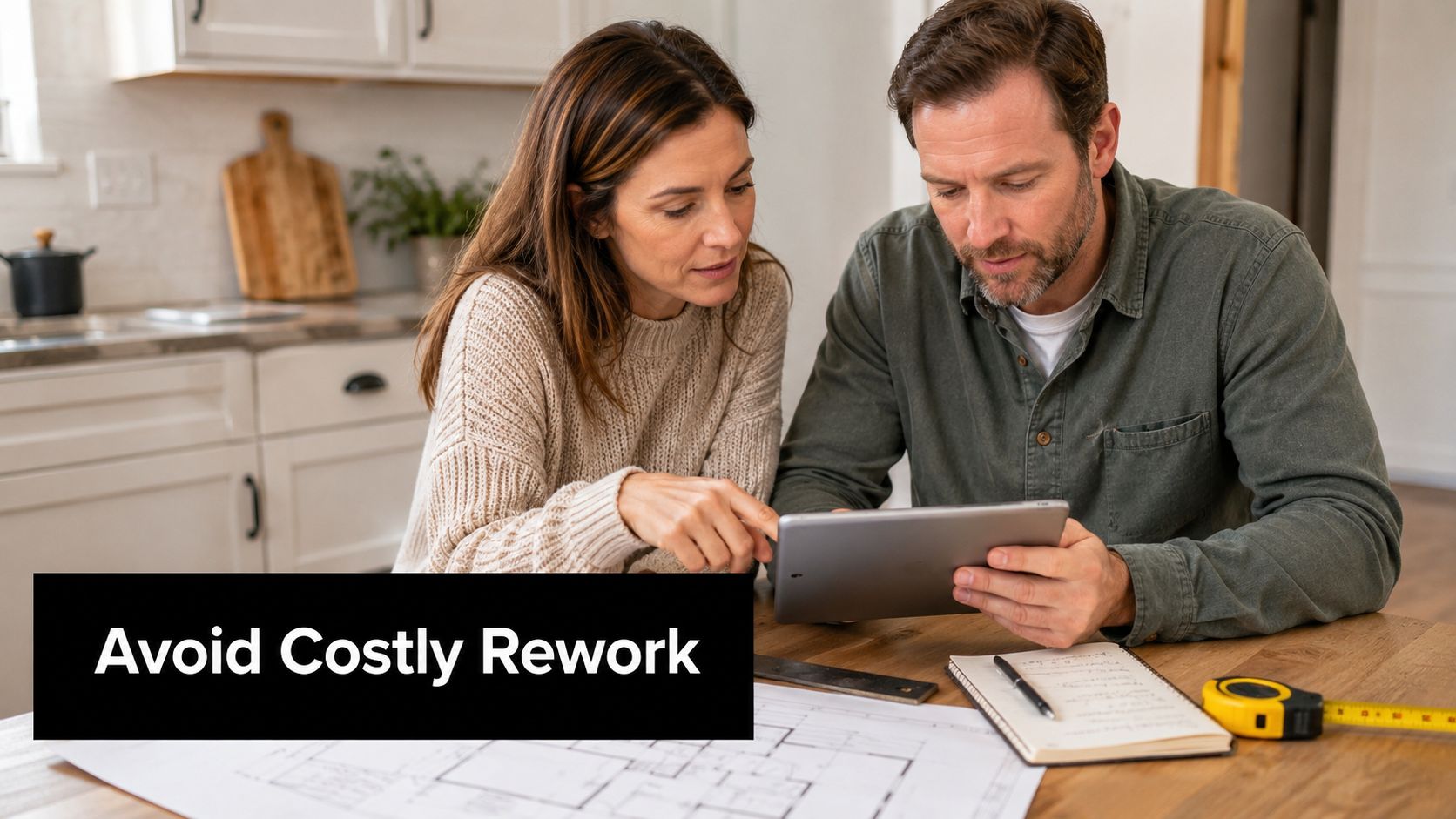 A couple reviews a home renovation plan on a digital tablet while sitting at a kitchen table.