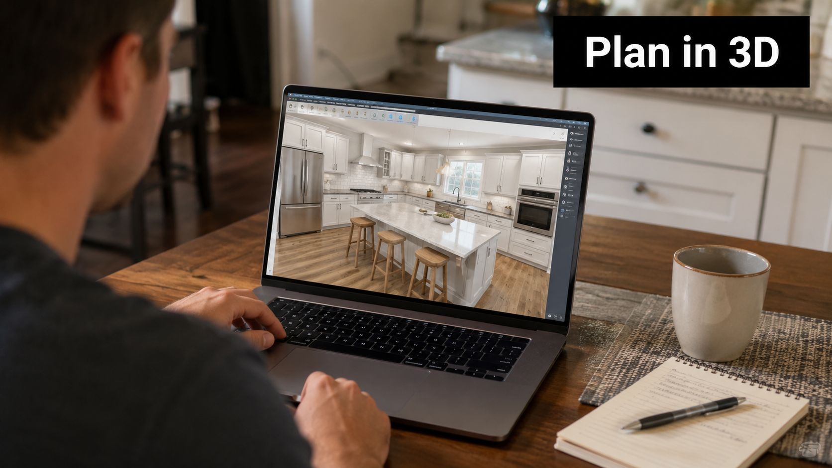 A person uses an online kitchen planner software on a laptop to design a modern white kitchen.