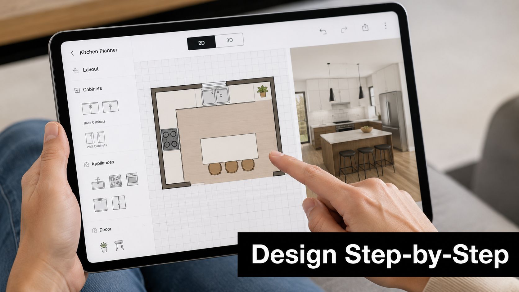 A person using an online kitchen planner tablet app to design a kitchen layout with 2D plans.