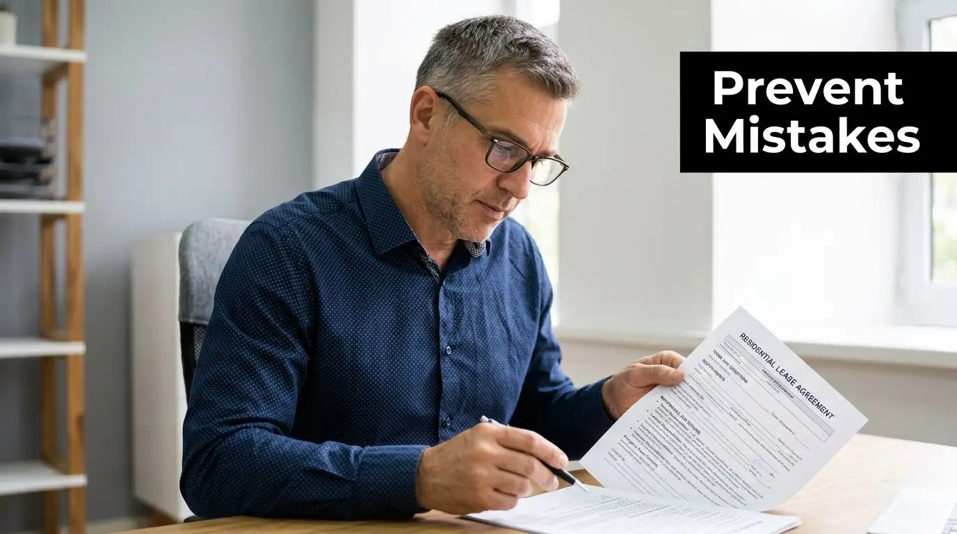 A professional man carefully reviewing a residential lease agreement document while sitting at his desk.