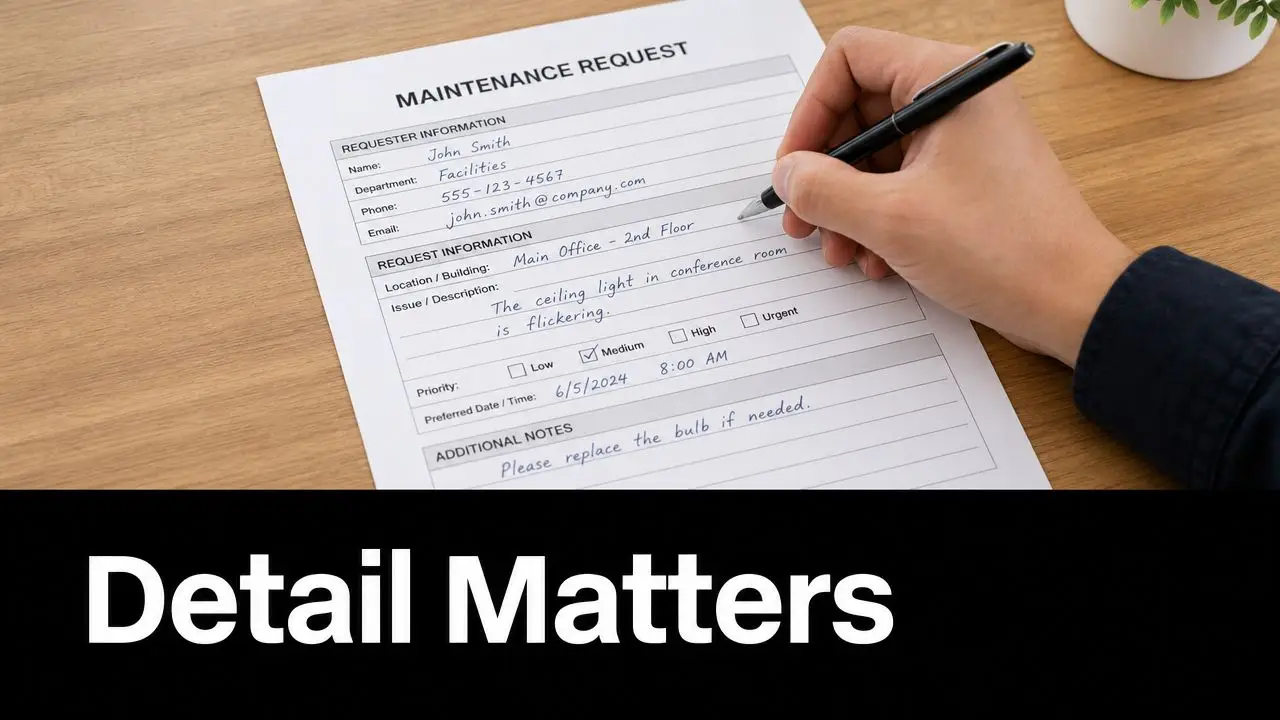 A person writing a maintenance request form for office repairs on a wooden desk.