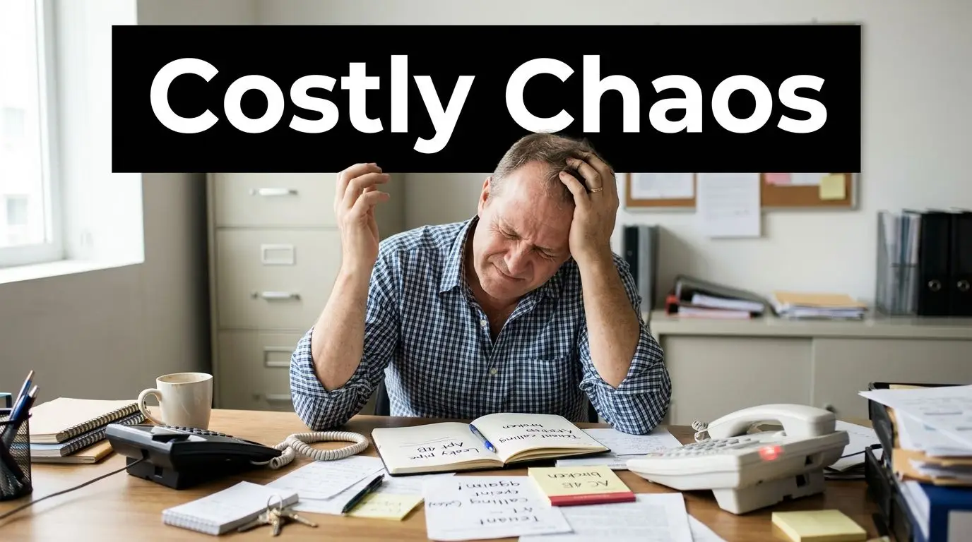A stressed man sitting at an office desk surrounded by paperwork, overwhelmed by rental property maintenance requests.